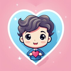 The image features a stylized cartoon boy with a large head and big, sparkling eyes, framed by a heart shape. He has wavy, dark hair and is dressed in a blue outfit while cheerfully holding a pink hea