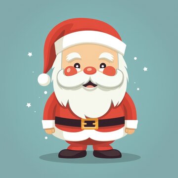 This image features a cute and vibrant cartoon representation of Santa Claus, standing with a joyful expression. Santa is adorned in his classic red and white suit with a matching cap, a wide black be