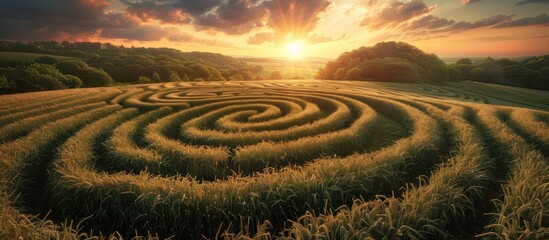 A field with a maze structure in the center, surrounded by rows of neatly aligned lettuce crops under a clear sky.