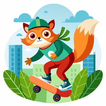 Illustration of squirrel skateboarding on the urban skatepark with white background