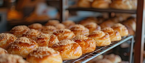 A variety of delectable doughnuts are showcased on a rack, featuring flavors such as glazed, chocolate, and sprinkles. The doughnuts are neatly arranged in rows, ready to be enjoyed by customers.