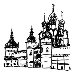 View of Rostov Kremlin with towers and Church of St. John the Divine, Russia. Old Russian fortress. Hand drawn linear doodle rough sketch. Black and white silhouette.