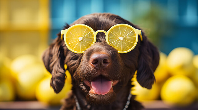 Summer holiday vibe with a cute dog in yellow sunglasses, surrounded by fresh lemons, symbolizing joy and sunny leisure, perfect for seasonal themes