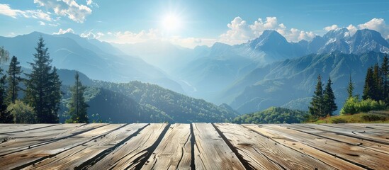 A view of wooden flooring with majestic mountains in the backdrop, creating a rustic and natural ambiance.