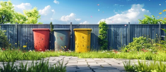 Three full dustbins for sorting trash lined up neatly next to a wooden fence in an outdoor setting. - obrazy, fototapety, plakaty