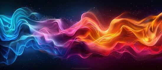 A vibrant wave of light in shades of rainbow orange, blue, teal, and white on a black background.