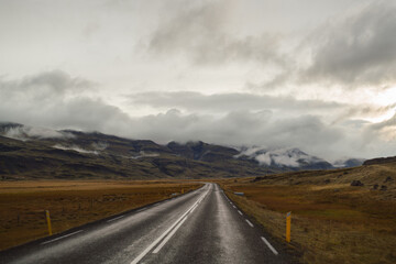 Traveling and exploring Iceland landscapes and famous places. Autumn tourism by Atlantic Ocean and...