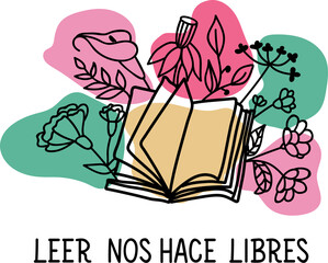 Reading sets us free - in Spanish. Lettering. Ink illustration. Modern brush calligraphy. Leer nos hace libres.