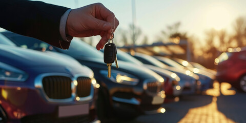 Obraz premium Hand holding car keys with dealership cars in background. Close-up shot in the evening light