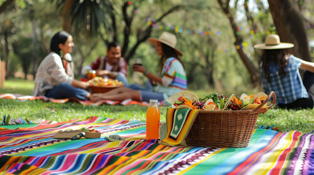 A cheerful gathering of friends and family enjoying a Cinco de Mayo picnic in a sun-drenched park, surrounded by colorful blankets and baskets brimming with tasty tacos