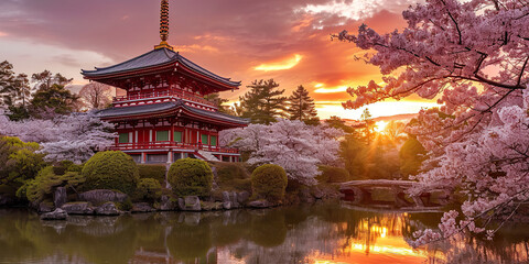 Fototapeta premium Beautiful Japanese temple cherry blossom trees