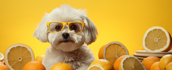 Summer holidays come alive with this adorable dog in sunglasses, encircled by lemons, representing the ultimate vibe of sunny relaxation.