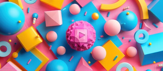 A pink ball sits amidst a variety of geometric shapes in blue, yellow, and pink colors in an abstract 3D render.