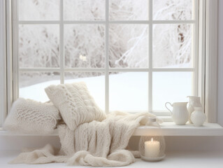 Fototapeta na wymiar Сozy and frost winter still life: hot tea or coffee warm woolen knitting decoration on windowsill against snow landscape from outside.