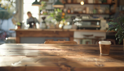 Obraz na płótnie Canvas closeup to empty wooden table with chairs and blurred background with cafe area and barista serving organic drinks