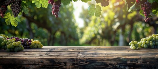 A wooden table filled with an abundance of ripe grapes, creating a vibrant and fresh display. - obrazy, fototapety, plakaty