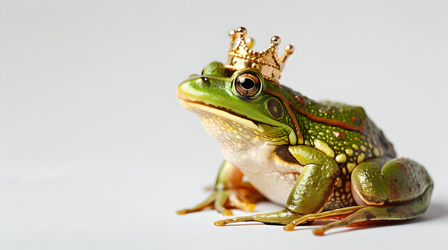 Fairytale frog with crown on white background