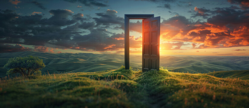 An open door stands in the middle of a vast grassy field under the blue sky.