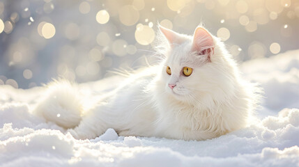 Beautiful white fluffy turkish angora cat - obrazy, fototapety, plakaty