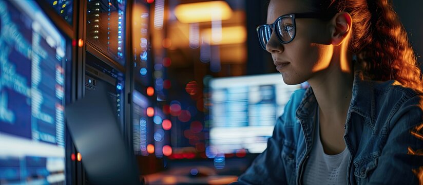 A female engineer in glasses is focused on a computer screen, working on nighttime cybersecurity maintenance and networking in a data center.