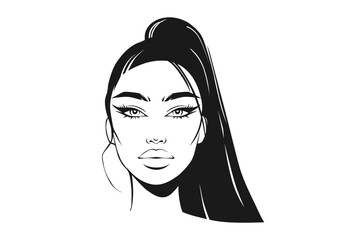 Vector Young Woman Girl Model Face Portrait. Beautiful Lady with Long Black Eyelashes Arched Eyebrows Plump Lips Illustration Isolated on White. Beauty Salon Logo - 743120903