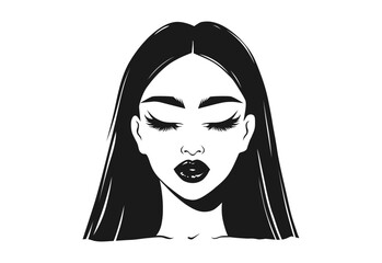 Vector Young Woman Girl Model Face Portrait. Beautiful Lady with Long Black Eyelashes Closed Eyes Arched Eyebrows Plump Lips - 743121189