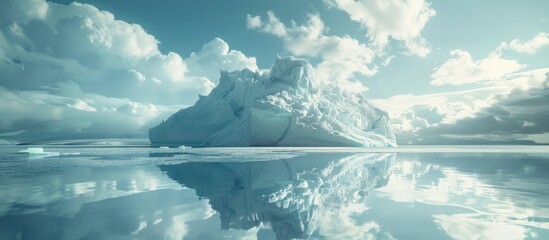 A large iceberg floating on top of a body of water, reflecting its massive structure in the sea under cloudy skies.