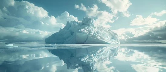 Tuinposter Reflectie A large iceberg floating on top of a body of water, reflecting its massive structure in the sea under cloudy skies.