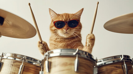 Fototapeta na wymiar Fashion modern rock cat kitty drummer beating drum set devoted isolated on white background, funny animal musician playing music with stylish sunglasses.