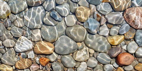 Ripples of the crystal clear shallow water surface, on a stony beach of Lake outdoor summer backgrounds.