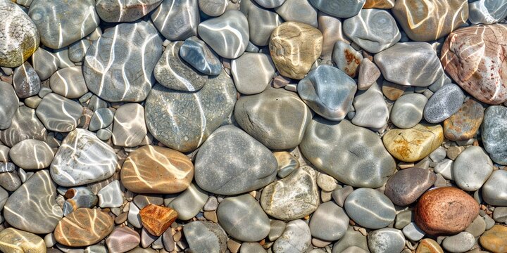 Ripples of the crystal clear shallow water surface, on a stony beach of Lake outdoor summer backgrounds.