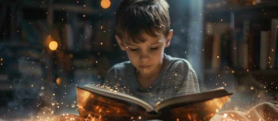 A young boy is engrossed in reading a book in the dark, focusing intently on the pages as he seeks knowledge in the dim lighting. - obrazy, fototapety, plakaty