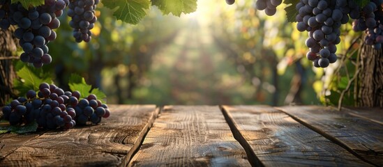 A wooden table covered in numerous ripe grapes, with a grape vine background. - obrazy, fototapety, plakaty