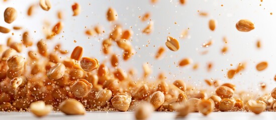 Caramelized peanuts falling into the air against a white background, captured in motion.