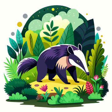 Illustration of anteater exploring rainforest in white background