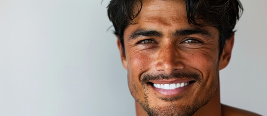 A close up of a shirtless Latino man, showcasing his physique and features.