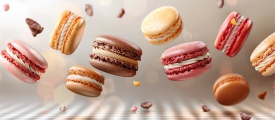 Obraz premium A group of macaroons of various colors are seen flying through the air.