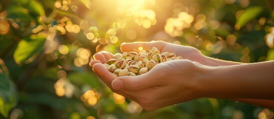 A persons hands are holding a handful of seeds under the sunlight. - Powered by Adobe