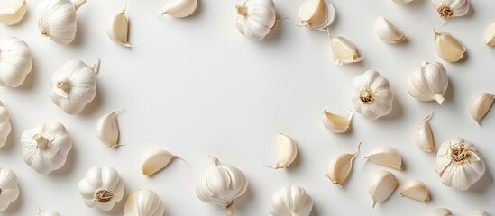 A variety of garlic cloves arranged neatly on a plain white background.