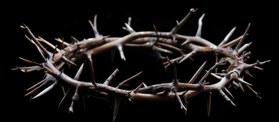 A crown of thorns, commonly associated with Jesus, is displayed on a dark black background.