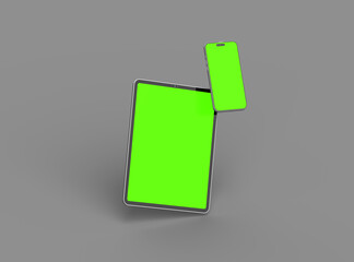 3d render of smartphone and tablet with a green screen on a dark background