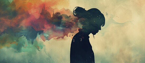 A person stands in front of a vibrant cloud of multicolored smoke, creating a striking visual contrast. The individuals silhouette is outlined against the swirling colors, symbolizing a sense of - obrazy, fototapety, plakaty