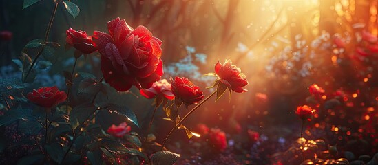 A cluster of red flowers blossoming amidst lush green grass. Each flower stands out vividly against the backdrop of the grassy field.
