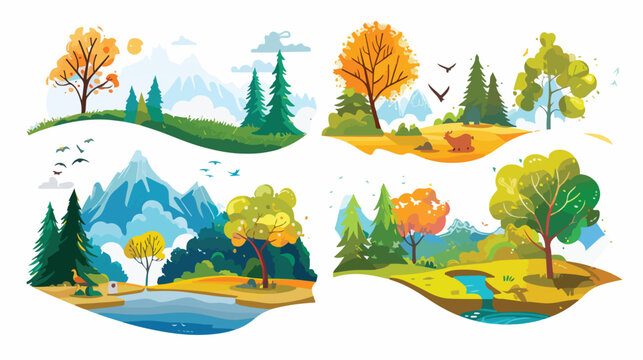 Four seasons landscapes cartoon flat vector illustration