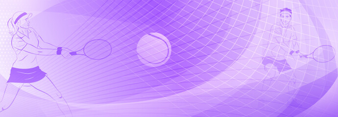 Tennis themed background in purple tones with abstract curves lines and dots, with two tennis players, a woman and a man, each holding a racket to hit the ball