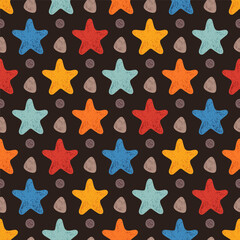 Abstract Bright Summer Seamless Pattern of Hand-Drawn Colorful Stars on Dark Background. Style of Children's Drawing.