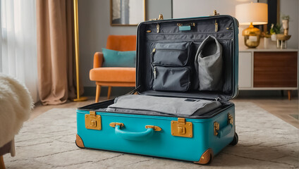 Beautiful suitcase in the apartment preparation