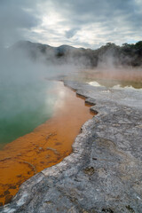 Steam rising from Champagne pool at Waiotapu geothermal area, New Zealand