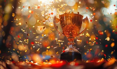 Golden trophy cup with confetti, bokeh background - obrazy, fototapety, plakaty