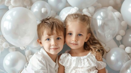 Fototapeta na wymiar Beautiful, cute children in white clothes with white balloons. Holiday party all in white.